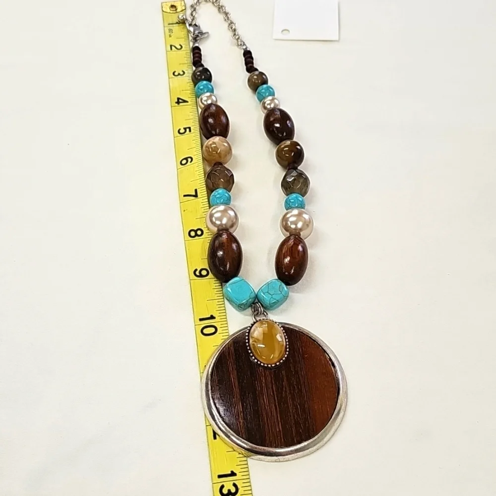 CHICO'S Beaded Turquoise Brown Necklace Silver Accents & Wood Pendant